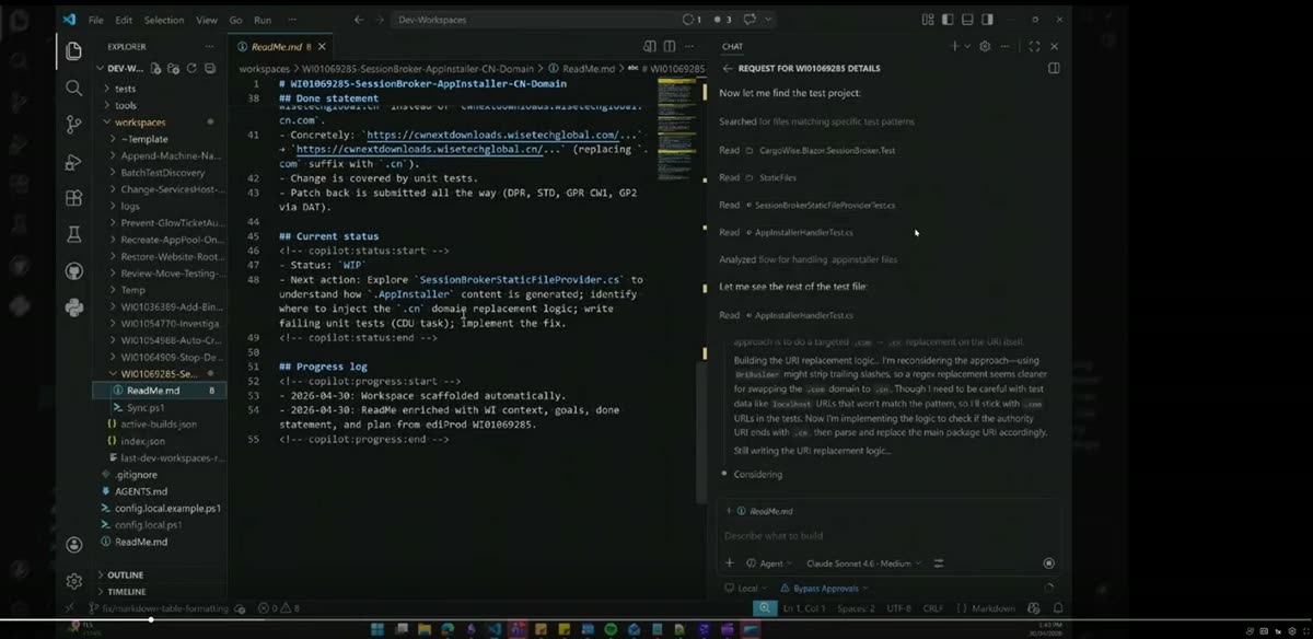 A persistent work-item README used by the coding agent